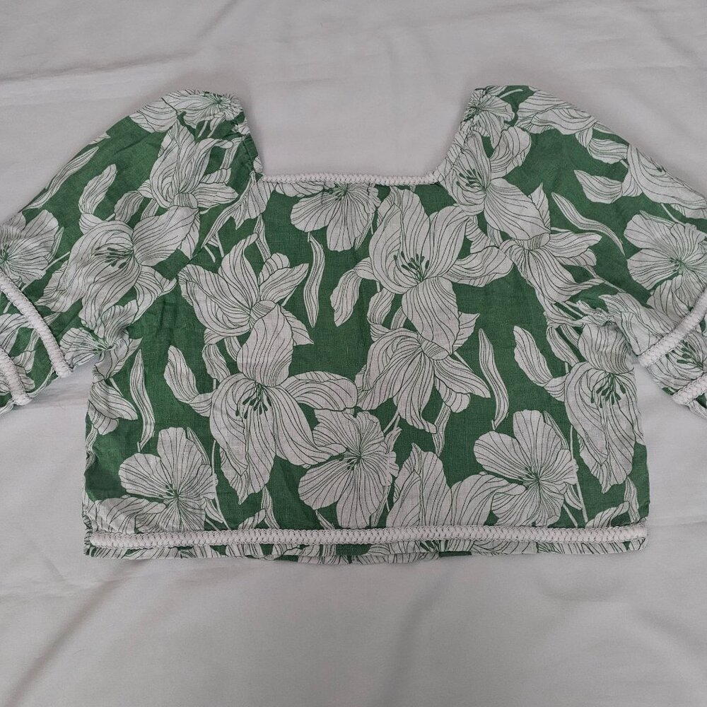 Tahari Women's Green White Floral Linen Square Neck 3/4 Sleeve Blouse Size XL - Picture 4 of 15